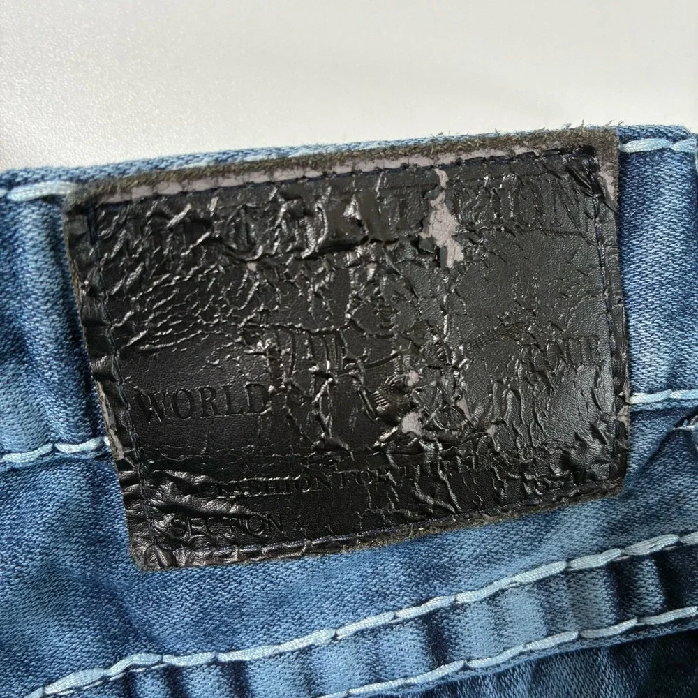 True Religion Jeans 34x33‎ Blue Denim Acid Wash Flap Pocket Thick Made in USA
